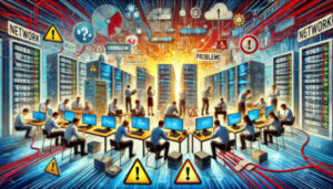 Eine lebendige Szene, die das Konzept der Netzwerkprobleme darstellt. Im Hintergrund ist ein komplexes Netzwerk aus miteinander verbundenen Servern, Kabeln und Routern zu sehen, von denen einige rot hervorgehoben sind, um Probleme zu signalisieren. Im Vordergrund arbeitet ein Team von IT-Profis aktiv an der Fehlerbehebung, sie nutzen Laptops, Tablets und Diagnosetools. Auf den Bildschirmen sind Warnsymbole, Fehlermeldungen und unterbrochene Verbindungen zu sehen. Das Setting ist ein modernes Büro mit einer Mischung aus gestressten und konzentrierten Gesichtern der Fachleute, was die Dringlichkeit und Komplexität der Lösung von Netzwerkproblemen unterstreicht. Die Atmosphäre ist intensiv und technisch.